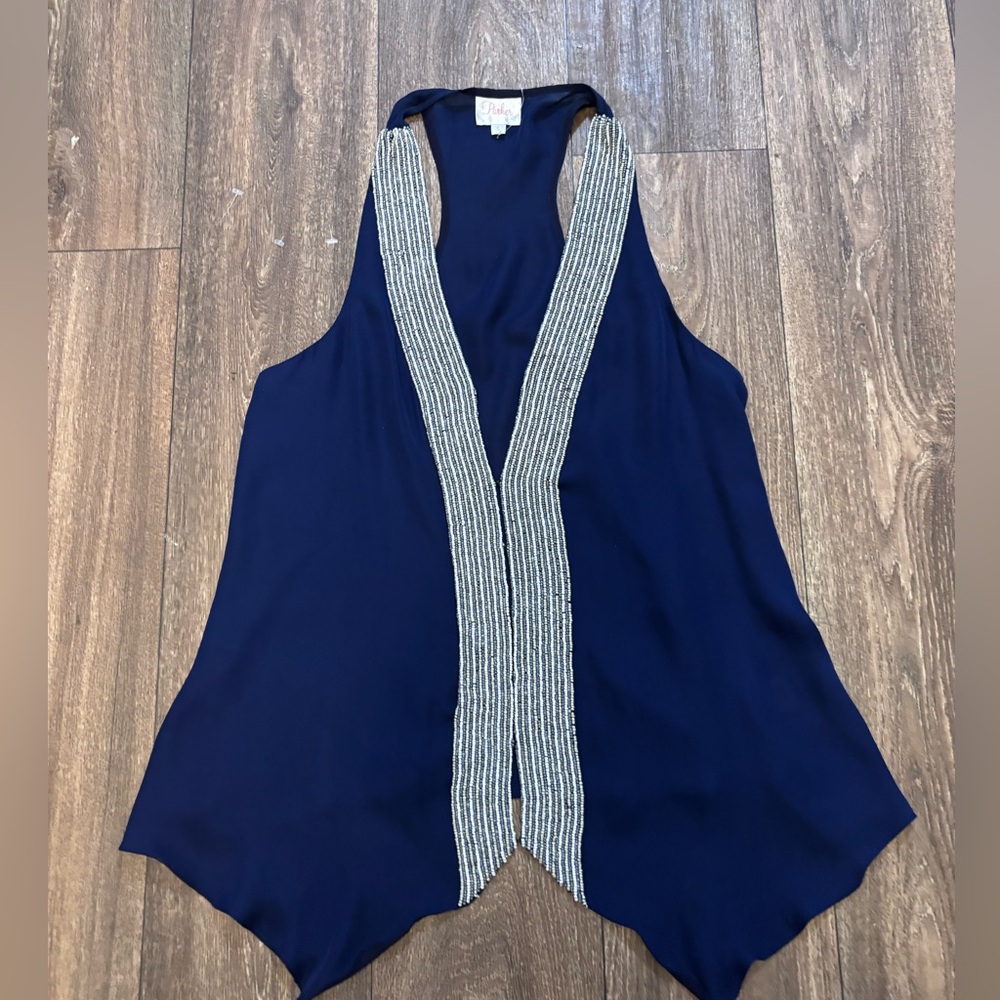 Parker Silk Beaded Front Blouse Blue Small Sleeveless Top -0354